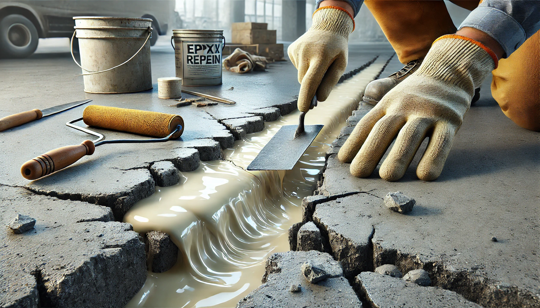 Réparation de fissures dans le béton avec de la résine époxy, montrant un professionnel lissant la surface