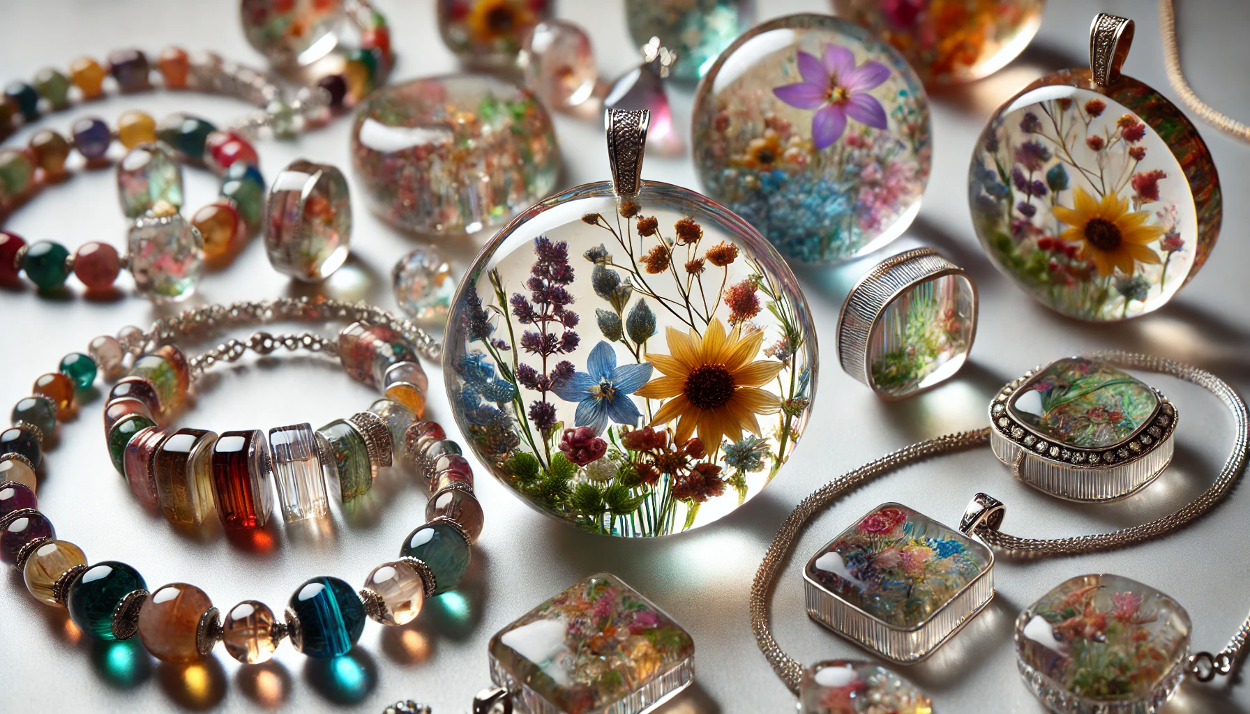 Bijoux en résine époxy colorés, incluant des pendentifs et des bracelets avec des inclusions détaillées de fleurs et de feuilles sur un fond neutre