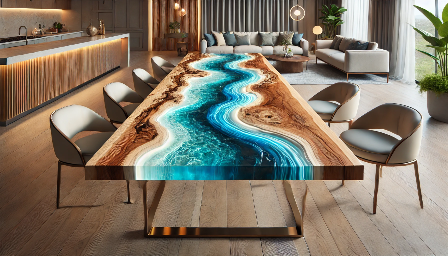 Table en résine époxy avec un design de rivière et des grains de bois naturels, surface lisse et brillante, dans un salon moderne